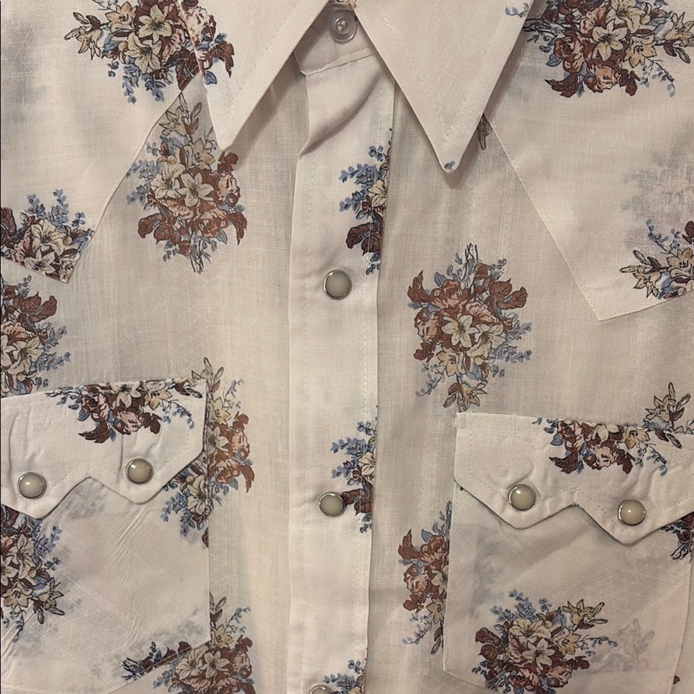 Off White Vintage Rustic Floral Print Western Shirt - Picture 6 of 15